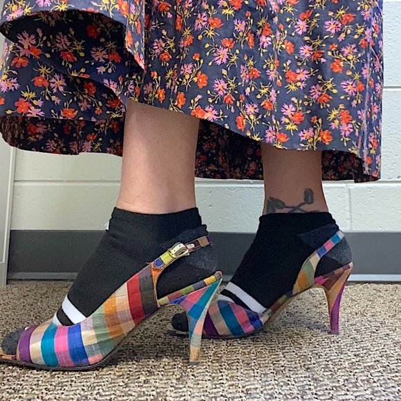 Vintage 1950s 1960s Spring Rainbow Plaid Silk Palter DeLiso Sandals Size US 9M - Picture 2 of 12